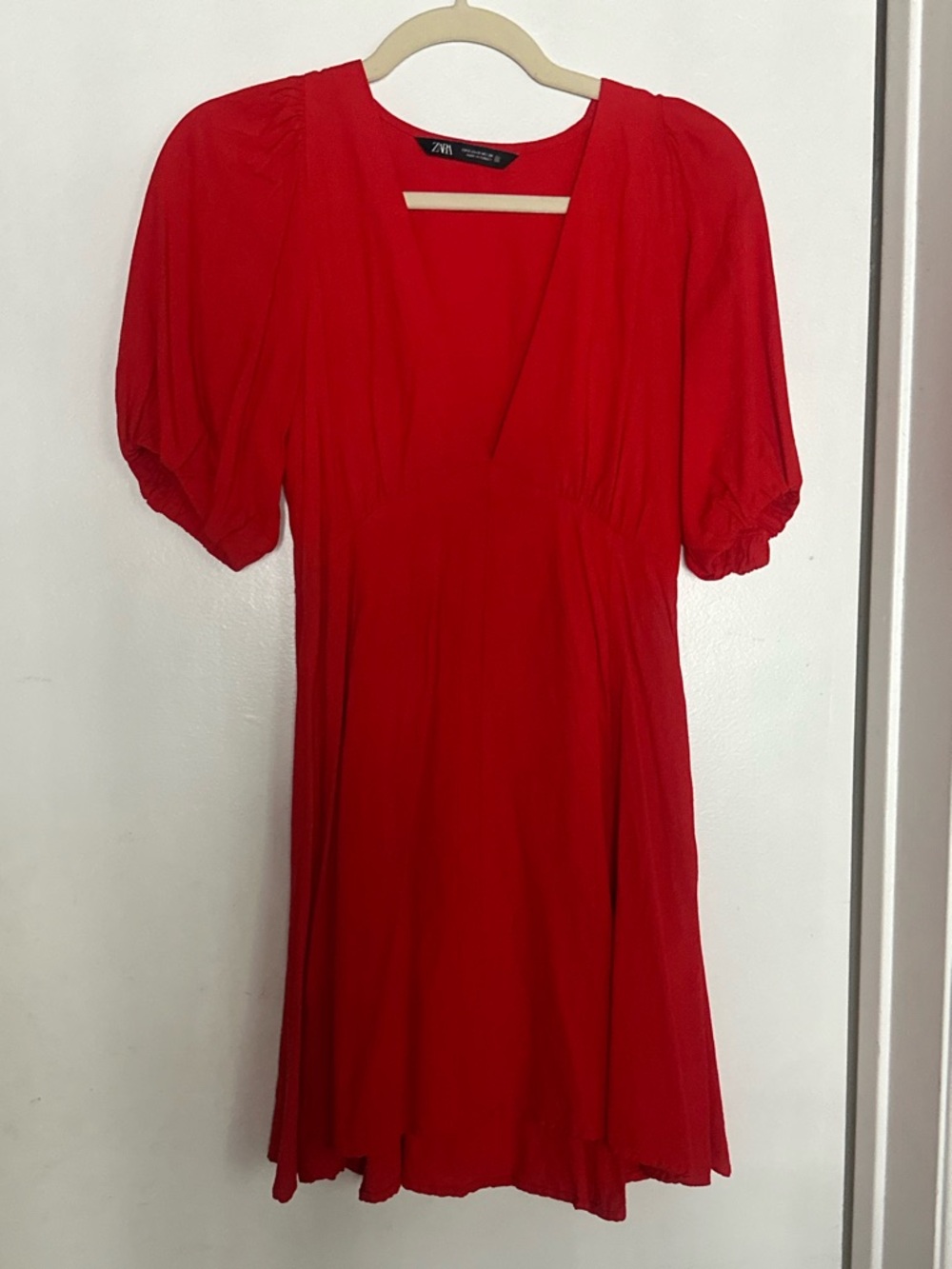Zara Vibrant Red V-Neck Puff Sleeve Dress